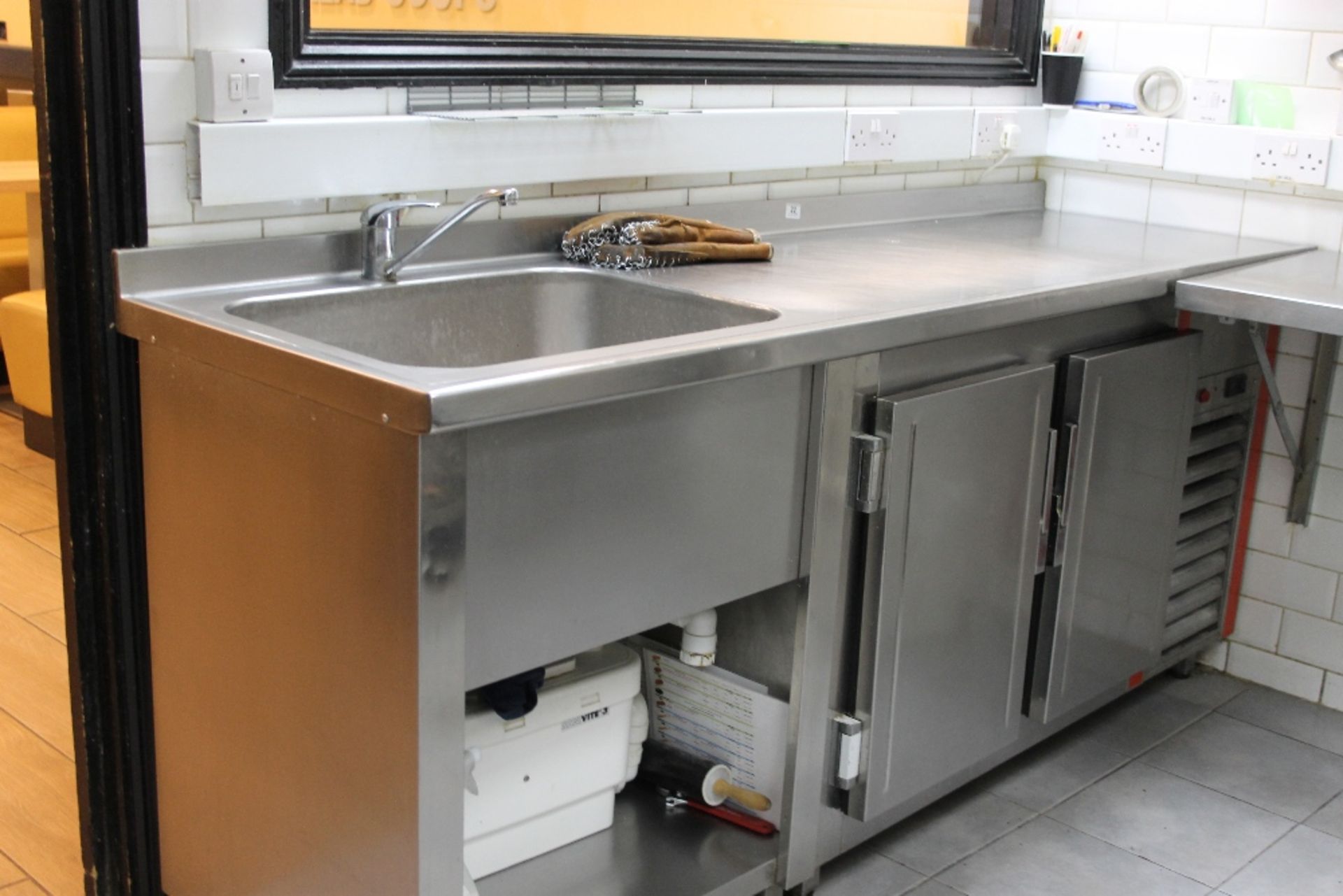 Stainless Steel Work Top with Sink over Double Door Stainless Steel Fridge – W210cm x D60cm –