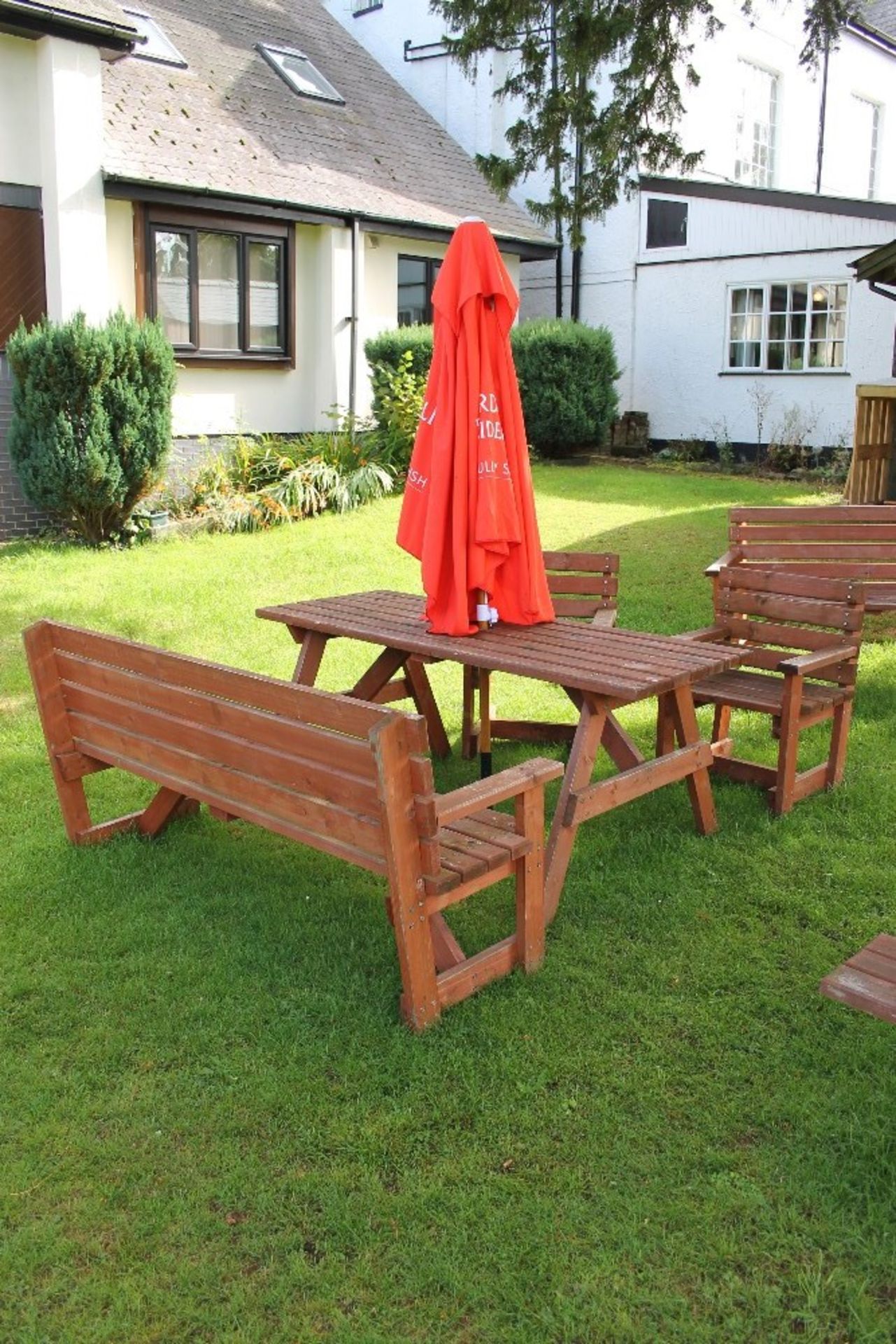 Beer Garden Furniture – Natural Wood – 6 Seater Bench, Table + 2 Chairs + Parasol - Buyer to collect - Image 2 of 3
