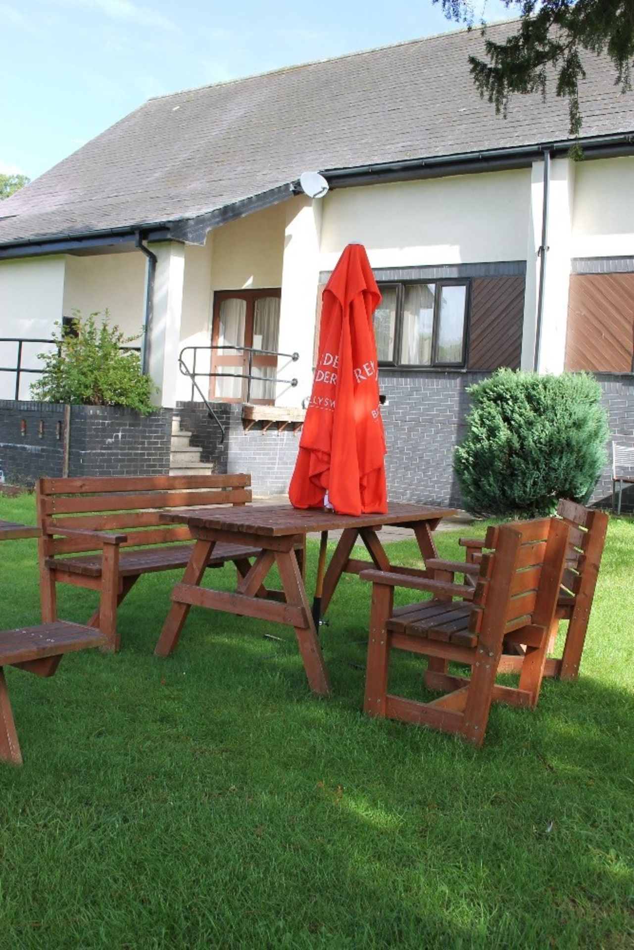 Beer Garden Furniture – Natural Wood – 6 Seater Bench, Table + 2 Chairs + Parasol - Buyer to collect - Image 3 of 3