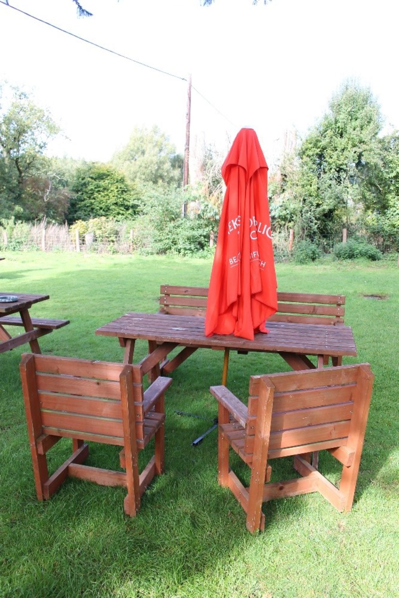 Beer Garden Furniture – Natural Wood – 6 Seater Bench, Table + 2 Chairs + Parasol - Buyer to collect - Image 3 of 3