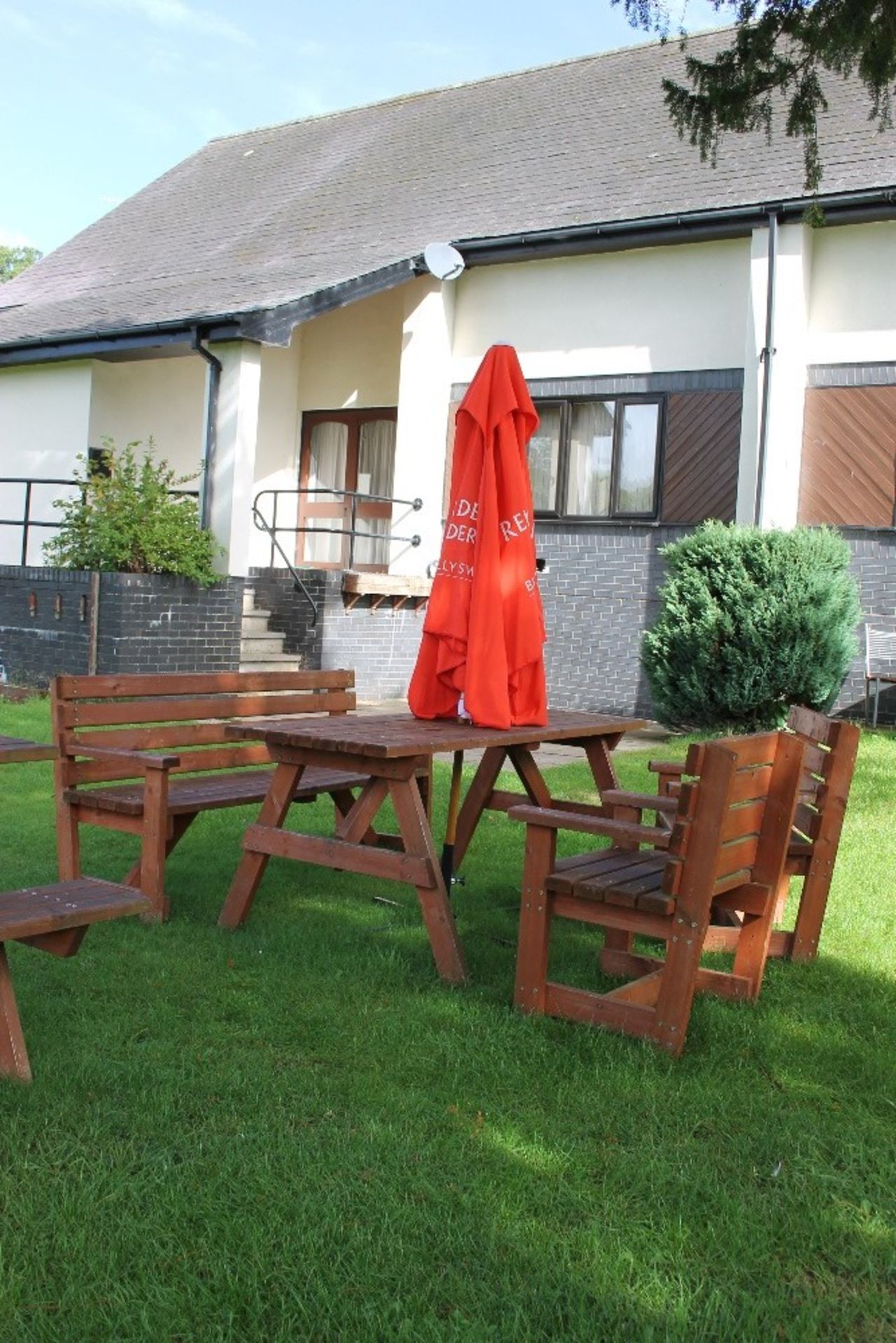 Beer Garden Furniture – Natural Wood – 6 Seater Bench, Table + 2 Chairs + Parasol - Buyer to collect
