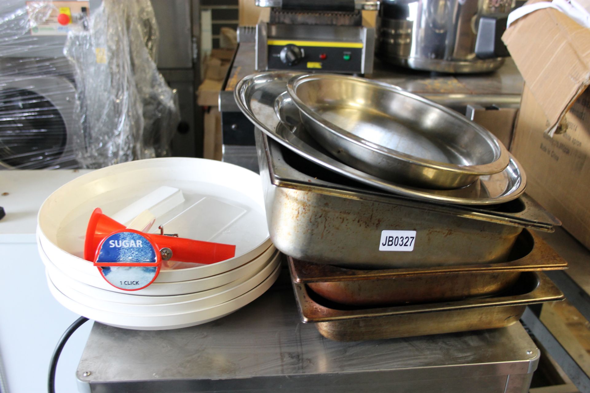 Job Lot Various Meat Trays, Tins, Plastic Lids & Sugar Dispenser