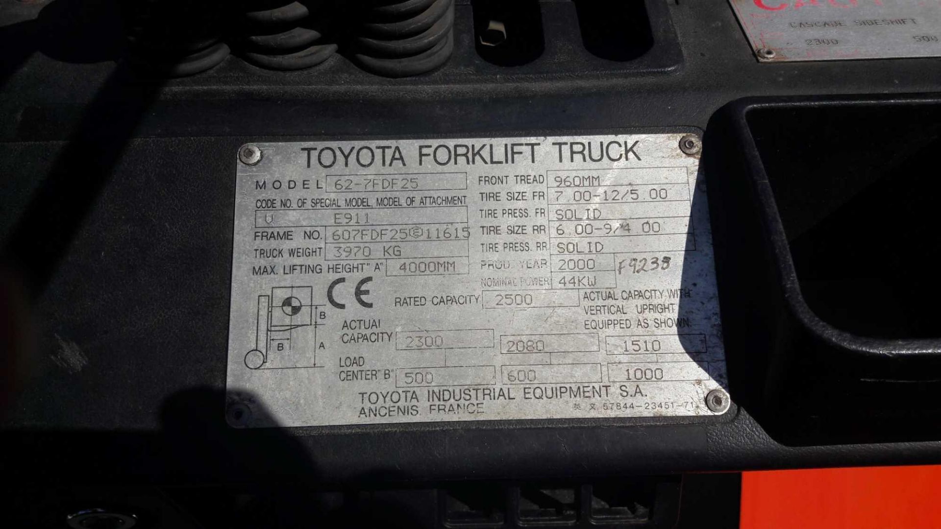 Toyota Industrial Forklift, G2-7FDF25, 10596 Hours, 4M Lift Height, Side Shift, + VAT, - Image 4 of 4