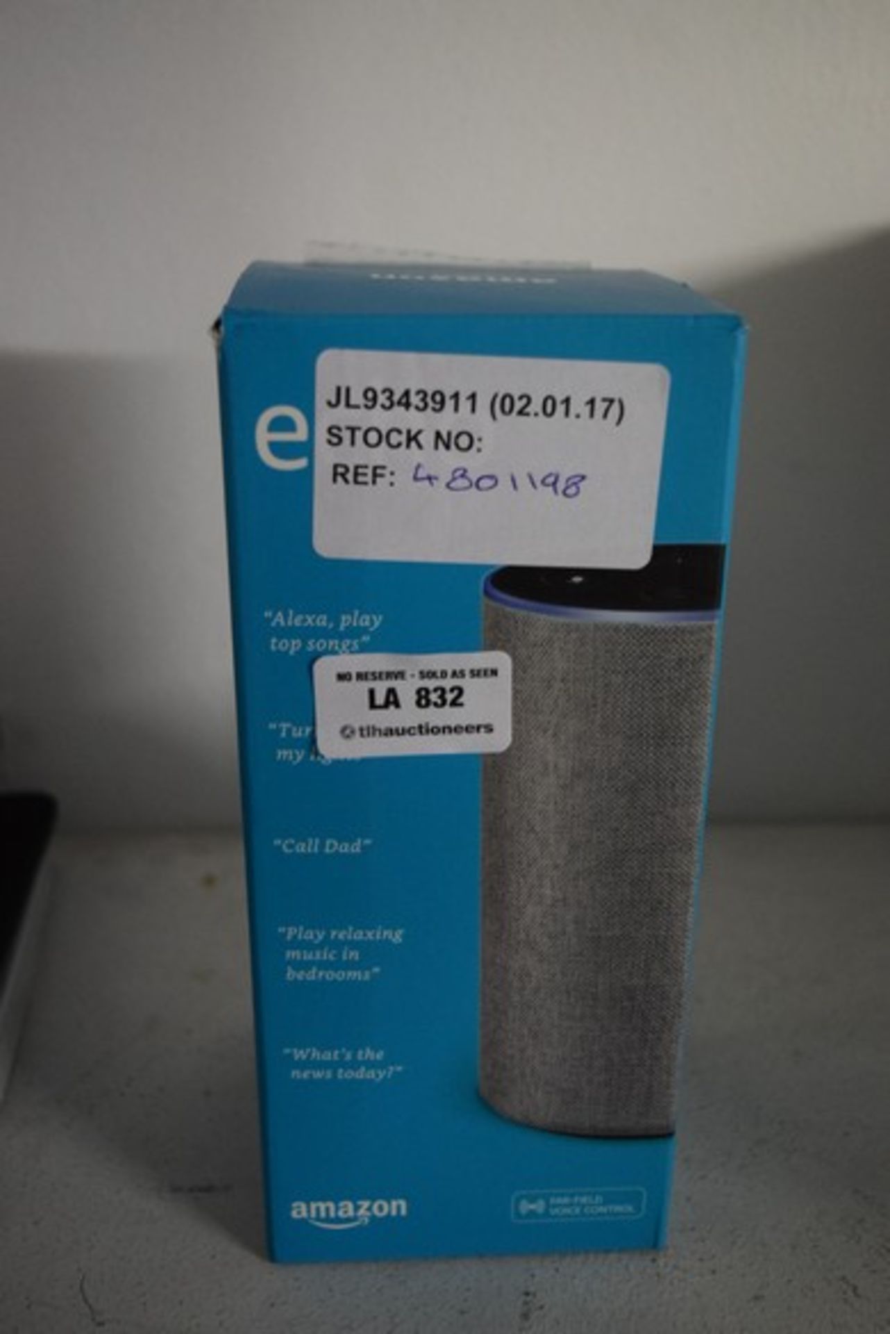 1 x BOXED AMAZON ECHO RRP £90 02.01.18 4801198 *PLEASE NOTE THAT THE BID PRICE IS MULTIPLIED BY