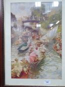 Large framed & glazed print of punts & boats, 'Boulters Lock'