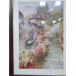 Large framed & glazed print of punts & boats, 'Boulters Lock'