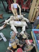 2 wooden stringed horse puppets, mannequin & 7 candle figures