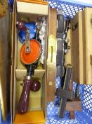 Tray of small hand tools including Spear & Jackson tenon saw & 2 water levels