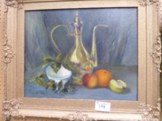 Framed oil on board still life fruit & flagon by Marguerite Boyle