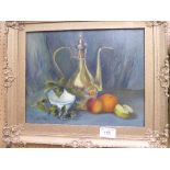 Framed oil on board still life fruit & flagon by Marguerite Boyle