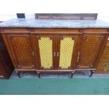 Mahogany marble topped side cabinet flanked by cupboards with sliding trays, 57' x 39.5' x 19' (