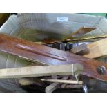 Large box of various hand tools including wooden plane, bow saws, callipers & wooden cramps