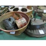 4 copper pans, copper cylindrical container, large copper poaching pan, copper colander, 2 copper