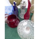 Glass fruit bowl, ruby brandy balloon, ruby ewer, claret jug, glass vase & 3 various bottles