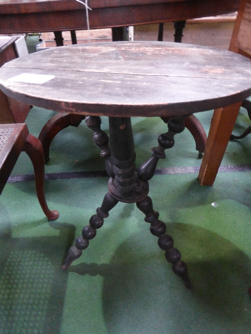 An octagonal & a circular topped bobbin turned 3 leg table & a cane stool