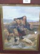 Framed & glazed print, signed W Small, 1887 of a man lighting a pipe with a pig with a rope to its