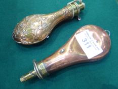 2 copper & brass powder flasks, 1 marked Sykes Patent & 1 marked G & JW Hawksley, Sheffield