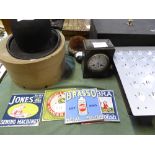 Bowler hat, top hat, wall tiles, mantle clock, 2 metal tins with contents, picture frame &