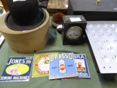 Bowler hat, top hat, wall tiles, mantle clock, 2 metal tins with contents, picture frame &