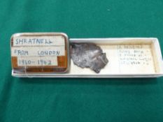 Shrapnel from London 1940-1942 & a piece of flying bomb found at Virginia Waters, dated 27.6.1944