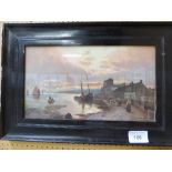 Framed & glazed print of a coastal scene with boats, signed F Arnold