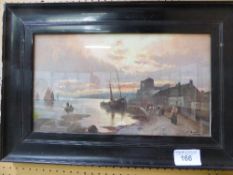 Framed & glazed print of a coastal scene with boats, signed F Arnold