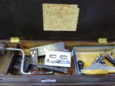 Wooden tool box containing Stanley No.4 plane, brace & dowl maker