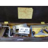 Wooden tool box containing Stanley No.4 plane, brace & dowl maker