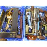 2 trays of small hand tools including drawer knife, levels, set square & Disston dove tail saw