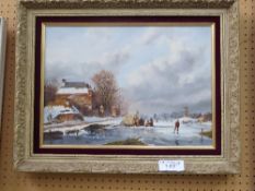 Framed painting of a winter scene, signed E Van Strij