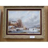 Framed painting of a winter scene, signed E Van Strij