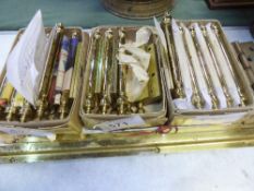 3 boxes containing 4' brass hinges with finials & a long brass bolt