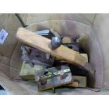 Large box of wooden planes, 3 artist's tins, a large wooden hand cramp & 2 empty wooden tool boxes