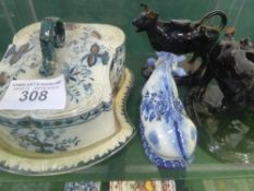 Decorative cheese dish, 2 cow creamers (1 a/f), Delft cow a/f, Mason's fruit basket dish & blue &