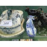 Decorative cheese dish, 2 cow creamers (1 a/f), Delft cow a/f, Mason's fruit basket dish & blue &