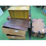 Wooden chest, 2 mahogany drawers & box containing tie-backs