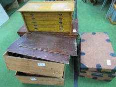 Wooden chest, 2 mahogany drawers & box containing tie-backs