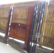 Pine headboard and foot board 4ft 5½ins, 4 black wood carved posts, 6ft 8ins and     2 mahogany