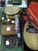 2 decorative hooks, cigarette box, wooden panel, ash tray, 2 metal music stands & Lute in a case (no