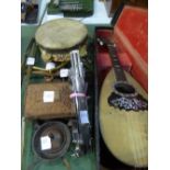 2 decorative hooks, cigarette box, wooden panel, ash tray, 2 metal music stands & Lute in a case (no
