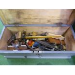 Pine carpenter's box including various hand tools