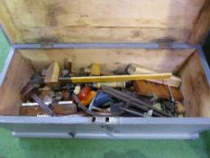 Pine carpenter's box including various hand tools