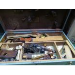 Wooden carpenter's chest including various small hand tools, 2-man cross cut saw & another tool box