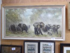 Framed D Shepherd print of elephants, 1962