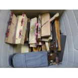 Box of moulding planes, white boxes & roll of auger bits