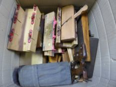 Box of moulding planes, white boxes & roll of auger bits