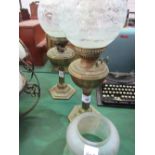 Pair of brass table lamps with frosted pattern globes & glass shade