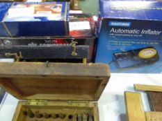 Boxed press, 2 boxes of marking stamps, air compressor, automatic inflator, flexible screw