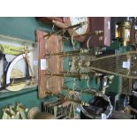 Brass fold-out fire screen, brass mounted bottle rack & 2 brass scales