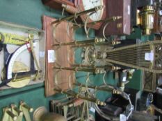 Brass fold-out fire screen, brass mounted bottle rack & 2 brass scales